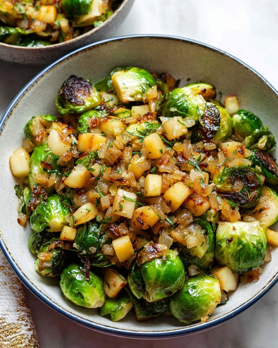A bowl filled with roasted Brussels sprouts that are browned and charred on the cut sides, showing vibrant green outer leaves and soft inner layers; on top, finely chopped golden-brown sautéed onions and small diced caramelized potatoes are sprinkled evenly, adding a mix of light yellow and deep amber colors with a slightly glossy texture; the bowl is white with a subtle blue edge, sitting on a white marbled surface, and in the background, a smaller bowl with the same mixture is faintly visible, giving a warm and fresh cooked food look. photo taken with an iphone --ar 4:5 --v 7