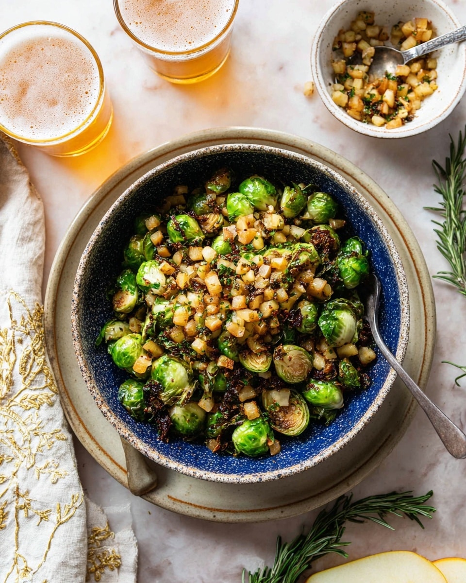 A close-up of a bowl filled with two main layers: the bottom layer is bright green roasted Brussels sprouts with some showing dark brown char marks, and the top layer consists of small golden-brown diced pieces mixed with finely chopped herbs, spread evenly over the Brussels sprouts. The bowl is blue with a speckled white inside and is placed on a slightly larger beige plate. Nearby, two glasses of light amber beer with frothy tops sit on the white marbled surface, along with a small white bowl containing more of the diced topping with a spoon inside. A sprig of fresh rosemary lies next to the plate, and on the bottom right corner, a sliced pear shows its pale flesh against the white marbled background. A soft cream cloth with gold embroidery is partially visible on the left side. Photo taken with an iphone --ar 4:5 --v 7