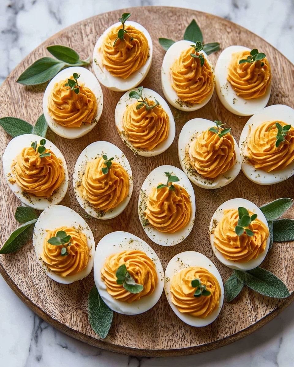 A round wooden board holds twelve halved boiled eggs with bright white egg whites forming the base layer. Each egg half is filled with a thick, swirled layer of smooth orange filling that is neatly piped and occupies the top center of the white egg halves. Small green herb leaves, some fuzzy and some leafy, are carefully placed on top of each piped orange filling swirl. The wooden board rests on a white marbled surface with veins and subtle texture, visible around the edges. photo taken with an iphone --ar 4:5 --v 7