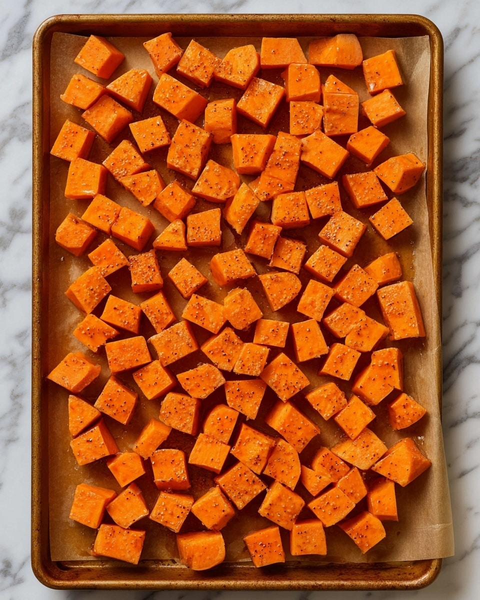A baking tray fully covered with evenly cut bright orange cubes of sweet potato, each piece showing smooth surfaces with small specks of darker seasoning, arranged closely but not overlapping, all cubes sitting on a light brown parchment paper that lines the tray, with the tray placed on a white marbled surface. photo taken with an iphone --ar 4:5 --v 7