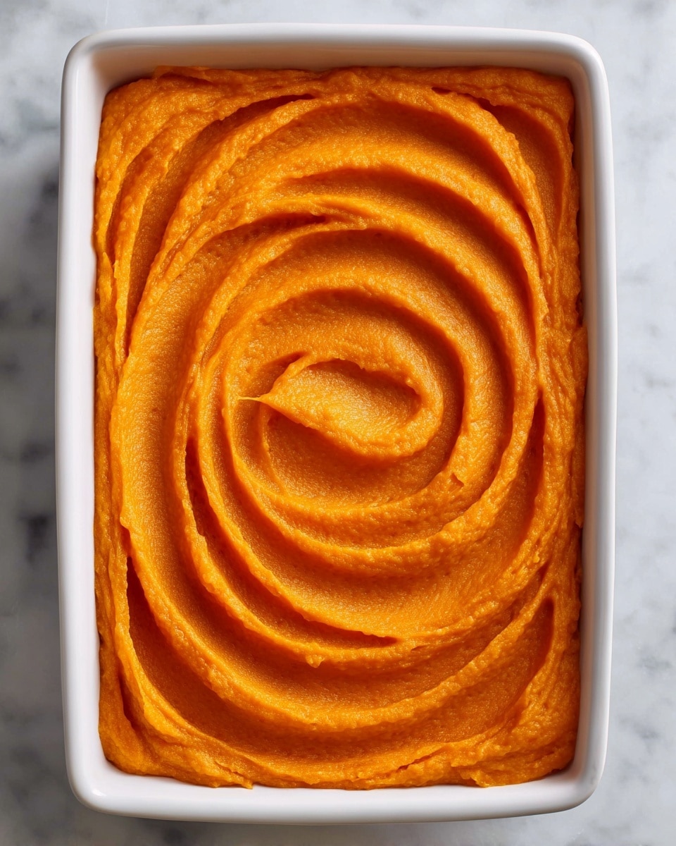 The image shows a single layer of smooth orange sweet potato mash spread evenly inside a white rectangular baking dish. The surface of the mash is shaped into a spiraled swirl pattern, creating a textured look with ridges that curve from the center outwards. The sweet potato mash has a creamy, thick texture and a bright, vibrant orange color. The dish sits on a white marbled surface. photo taken with an iphone --ar 4:5 --v 7
