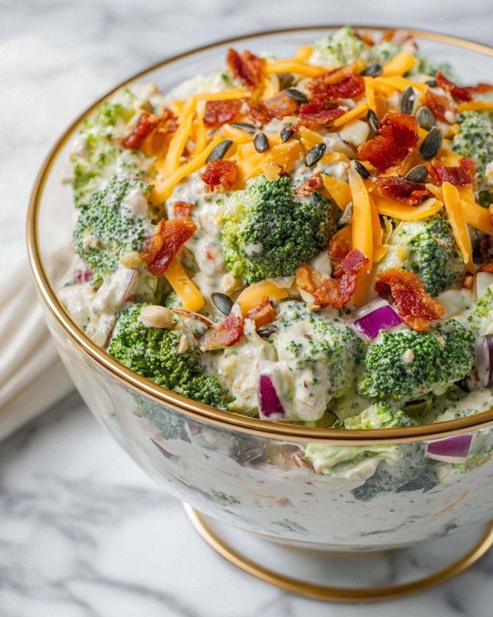 A clear glass bowl filled with a broccoli salad sits on a white marbled surface. The salad has multiple layers: at the base are bright green broccoli florets with a slightly rough texture, mixed with a creamy, thick white dressing with herbs. Scattered on top are thin, long strips of orange cheddar cheese, small crispy red-brown bacon pieces, tiny dark sunflower seeds, and small chunks of purple-red onion. The mix of colors and textures creates a fresh and rich look. photo taken with an iphone --ar 4:5 --v 7