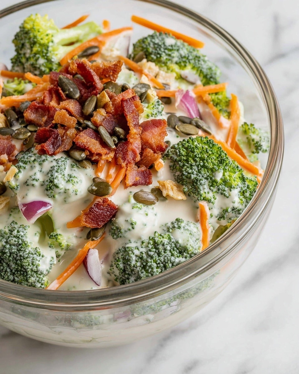 A close-up view of a clear glass bowl filled with a fresh broccoli salad. The bottom layer includes bright green broccoli florets with a creamy white dressing drizzled over them. Scattered on top are thin orange carrot sticks, small bits of red onion, crispy brown bacon pieces, and some dark brown sunflower seeds. The bowl sits on a white marbled surface, giving a clean and fresh look. photo taken with an iphone --ar 4:5 --v 7