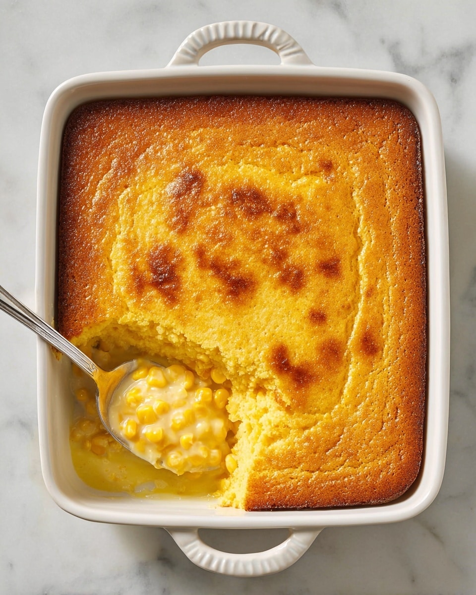 A white square baking dish with handles holds a golden brown baked cornbread topping that is smooth with slightly darker spots, covering a creamy, pale yellow corn casserole filling made of tender corn kernels in a thick sauce. A spoon rests in the bottom left corner of the dish, scooping out a portion to show the creamy interior beneath the crust. The dish sits on a white marbled surface. photo taken with an iphone --ar 4:5 --v 7