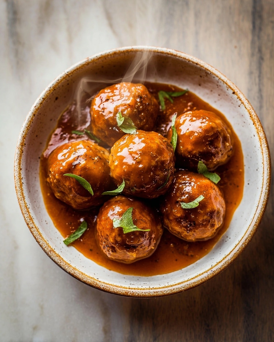 A white bowl filled with eight brown glossy meatballs covered in a smooth, thick reddish-brown sauce, each meatball topped with small pieces of bright green herbs. Steam rises from the hot meatballs, adding warmth to the image. The bowl sits on a white marbled surface which contrasts with the rich colors of the food, emphasizing the texture and shine of the sauce. Photo taken with an iphone --ar 4:5 --v 7