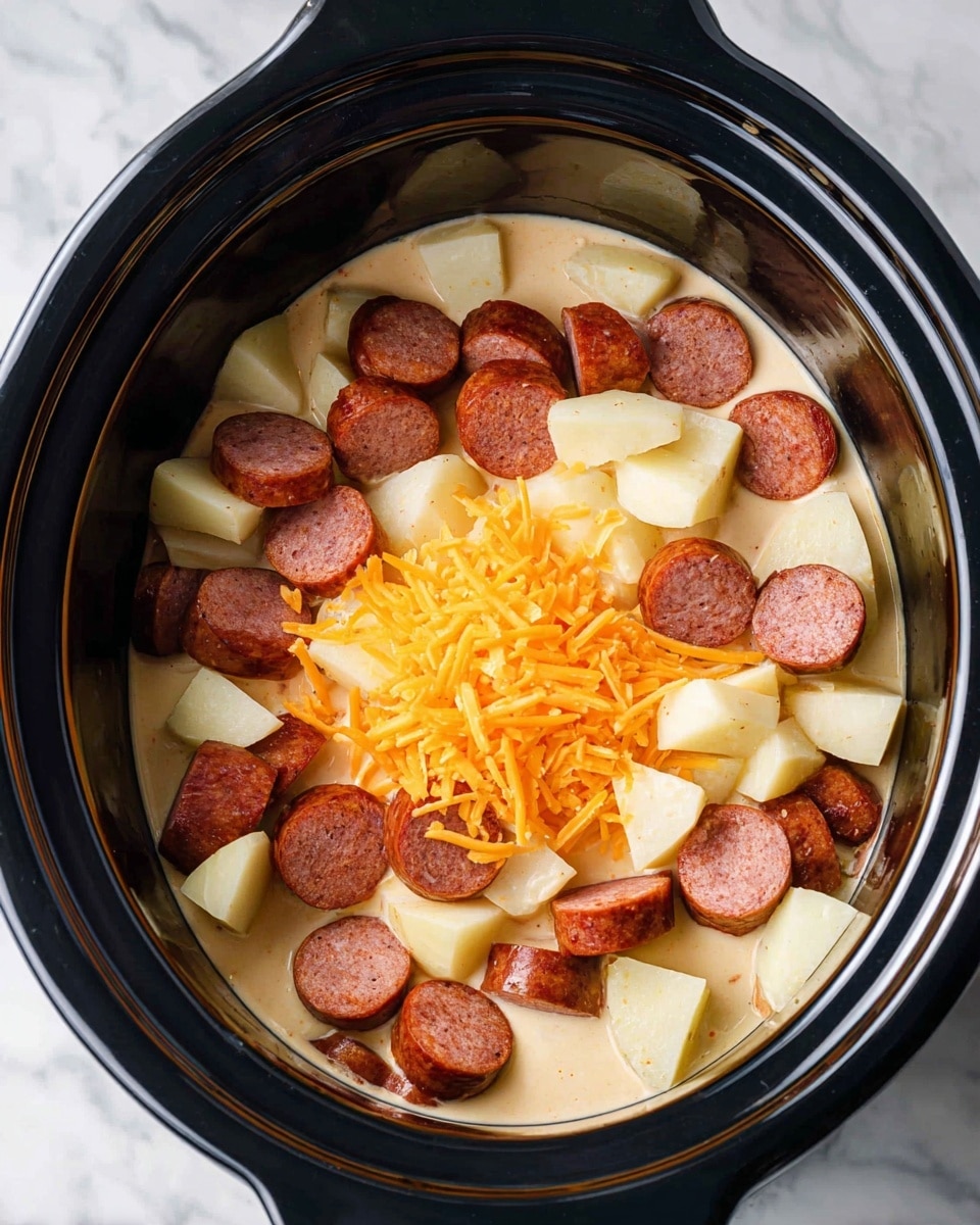 Inside a slow cooker, the bottom layer consists of light beige sauce with a smooth texture. Above this sauce is a layer of chopped pale yellow potatoes with soft edges, evenly spread around the sides. The next layer is made of round slices of brown smoked sausage scattered over the potatoes. On top, a small pile of shredded bright orange cheddar cheese adds a contrasting texture and color right in the center. The slow cooker has a shiny black interior, and the whole setup sits on a white marbled surface. photo taken with an iphone --ar 4:5 --v 7