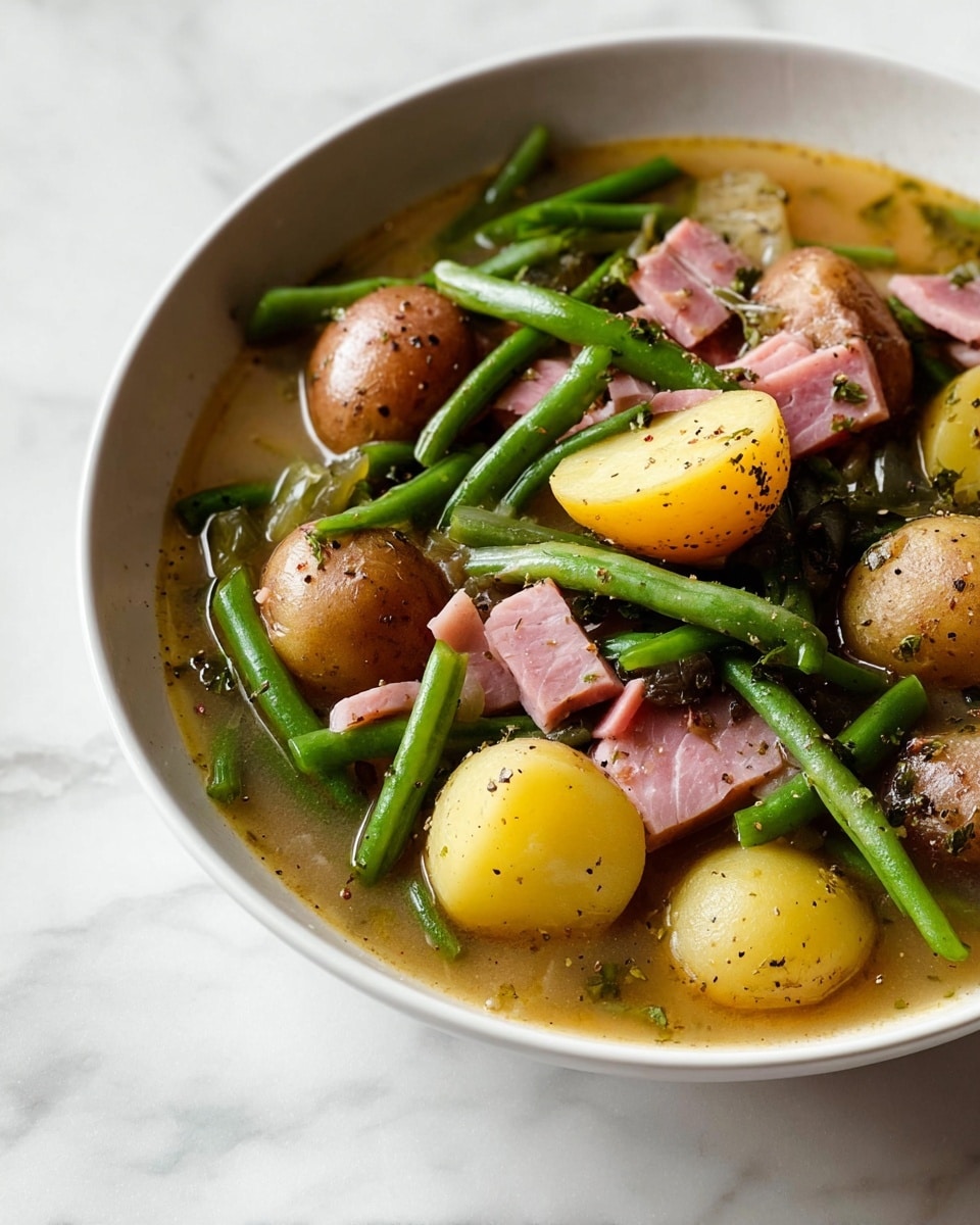 A white bowl filled with a soup-like dish containing whole small brown potatoes, halved yellow potatoes, and long green beans, all mixed in a light brown broth. There are chunks of pink ham scattered evenly across and the dish is sprinkled with black pepper on top. The bowl sits on a white marbled surface visible in the background. photo taken with an iphone --ar 4:5 --v 7