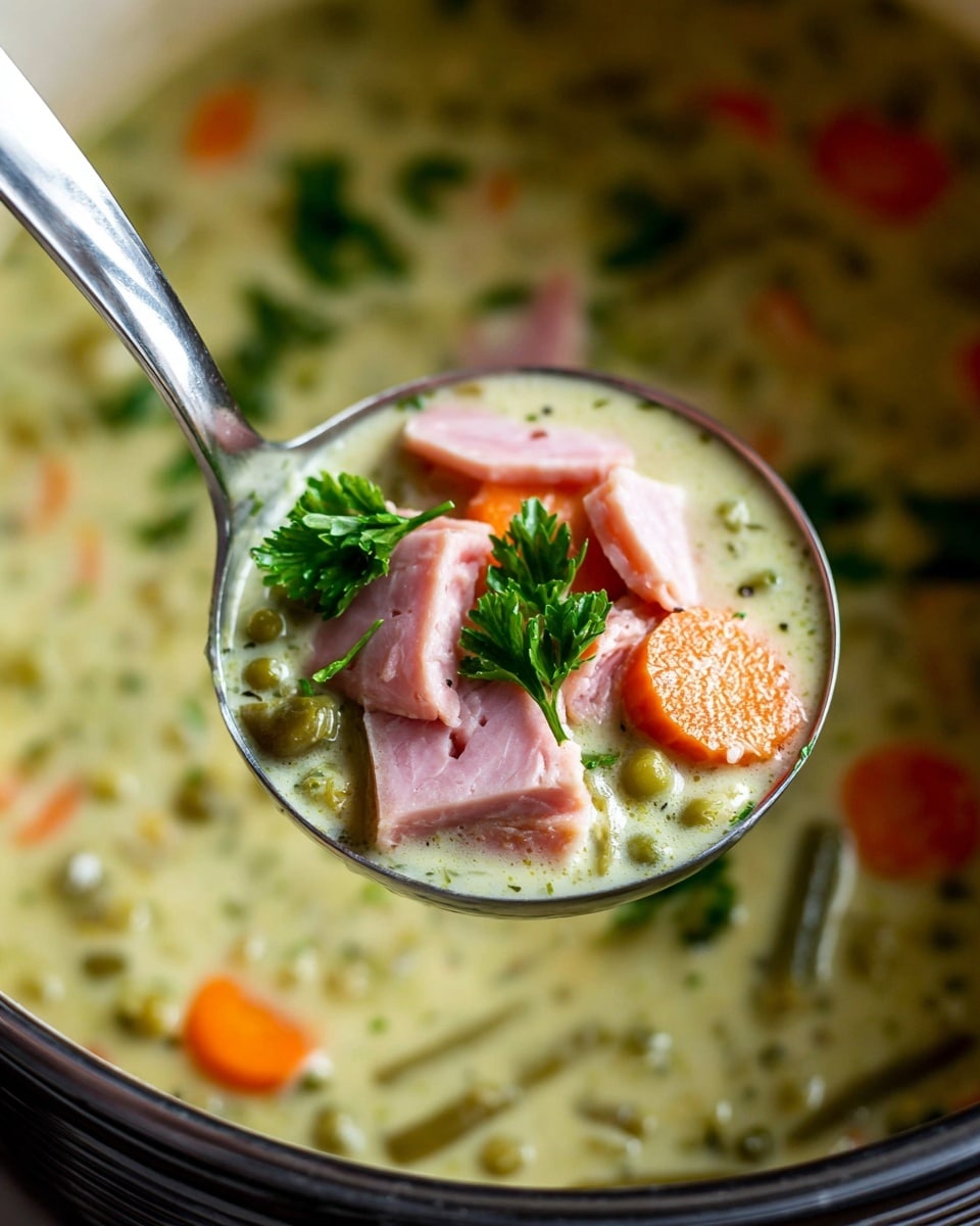 A close-up of a ladle filled with creamy soup held over a pot, showing three main layers: the creamy light green base with small green beans and specks of herbs, bright orange carrot slices scattered throughout, and large chunks of pink ham stacked on top, garnished with fresh green parsley leaves. The pot beneath contains more soup with similar ingredients visible, and the whole scene is set against a white marbled texture. The photo captures the textures of the soup, from the smooth cream to the soft vegetables and firm ham. Photo taken with an iphone --ar 4:5 --v 7