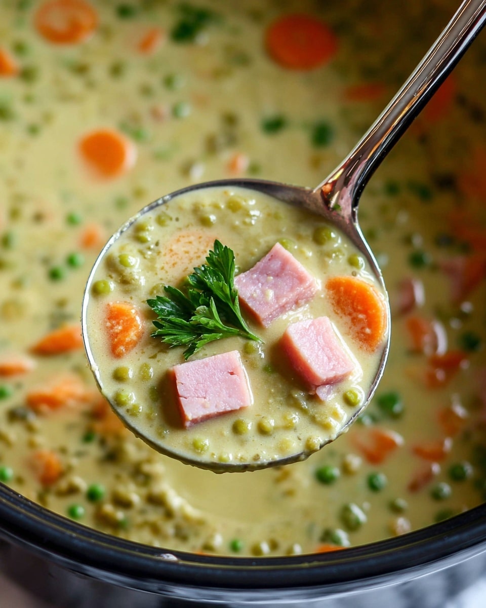A close-up view of a ladle filled with creamy green pea soup, showing a thick texture with small green peas and orange carrot slices mixed in a pale, creamy broth. On top of the soup in the ladle, there are two pink chunks of ham and a small green parsley leaf for garnish. The ladle is silver and rests inside a black pot, which is filled with more of the same comforting soup, scattered with visible chunks of carrot, peas, ham, and more parsley leaves. The photo is set against a white marbled background. photo taken with an iphone --ar 4:5 --v 7
