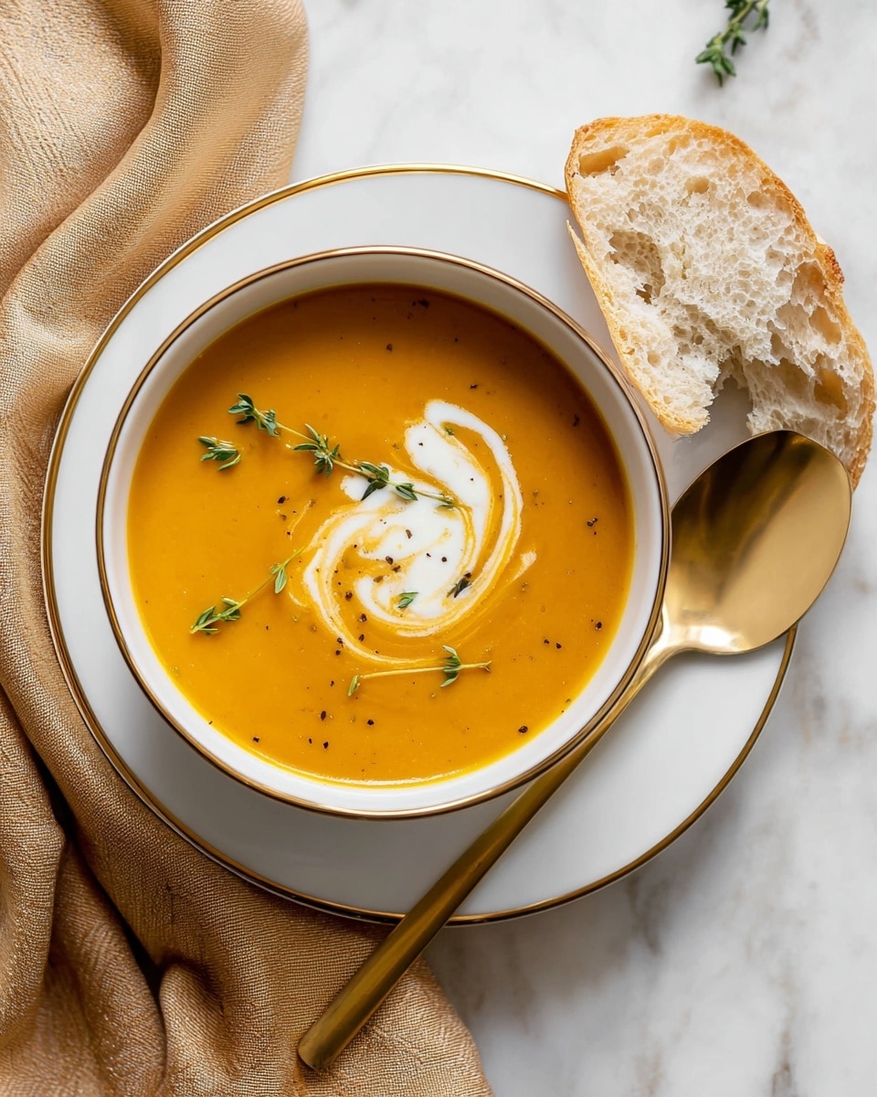 A white bowl with a thin gold rim holds smooth, thick orange soup, topped with a swirl of white cream and two small green thyme sprigs placed in the center. A golden spoon rests inside the bowl on the right side, with its handle leaning on the bowl's edge. The bowl is set on a matching white plate with a gold rim, accompanied by a piece of crusty bread with an airy texture placed at the top right corner of the plate. The entire setting is on a white marbled textured surface with a tan cloth casually draped to the left. photo taken with an iphone --ar 4:5 --v 7