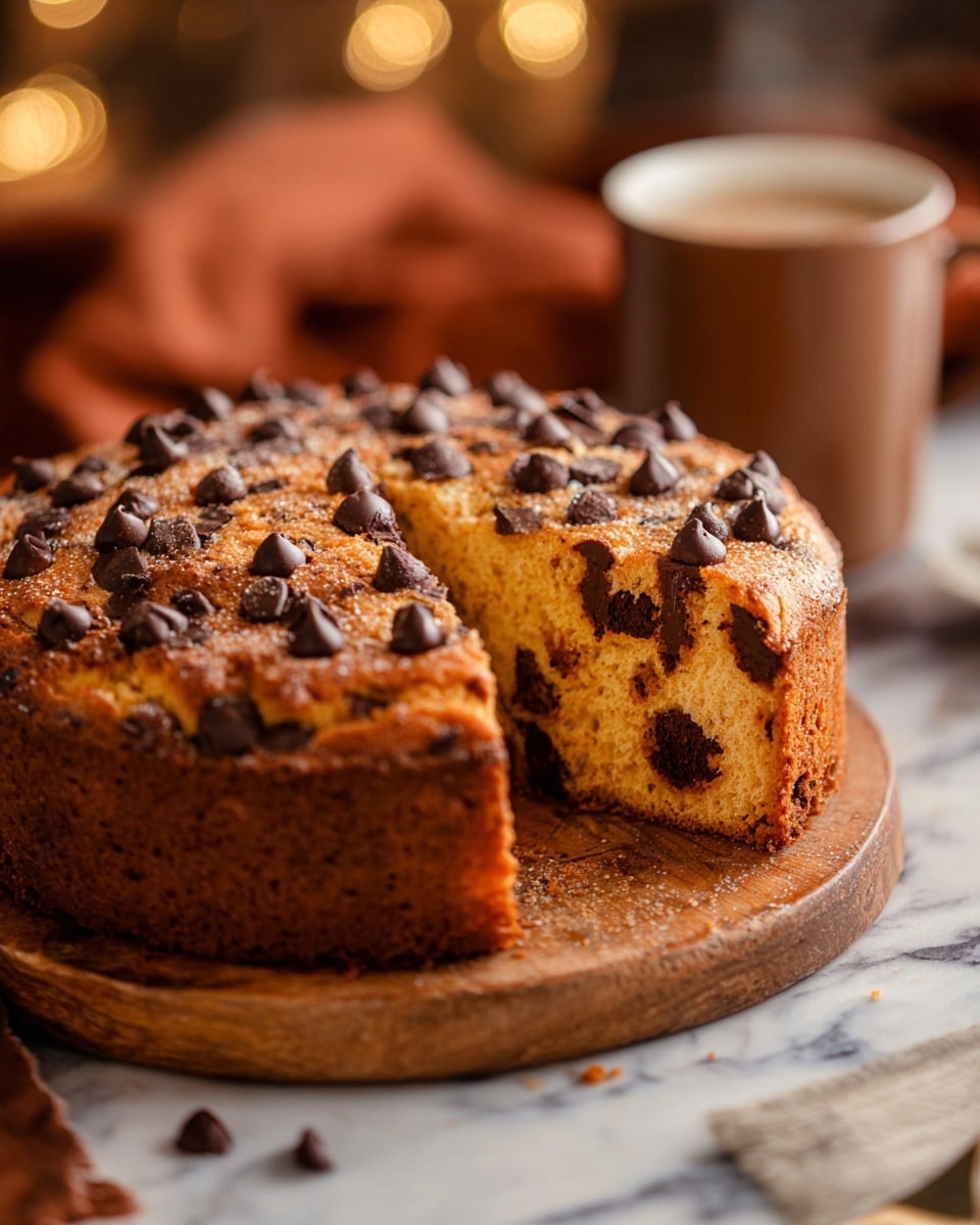 A thick, round golden brown cake with a rough textured crust and soft crumb inside sitting on a wooden board. The top layer of the cake is studded with large, shiny dark chocolate chips spread evenly across the surface. A single slice is cut out, showing the inside filled with more chocolate chips, with the inside color a warm, light brown. In the background, there is a steaming cup in a brown mug and blurred warm lights with a softly colored cloth. The surface under the cake is a white marbled texture. photo taken with an iphone --ar 4:5 --v 7