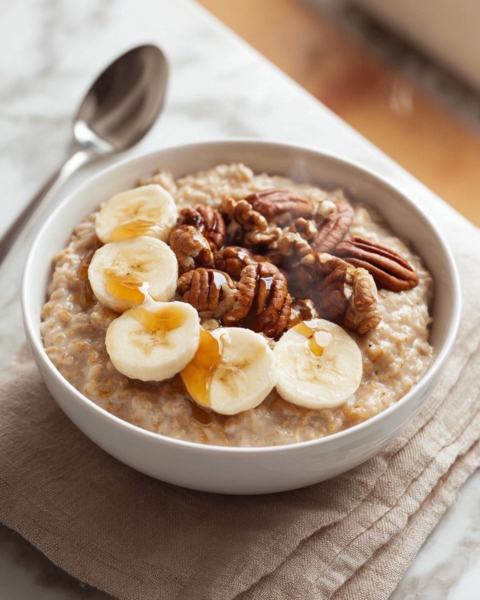 A white bowl holds three layers: the bottom layer is light brown oatmeal with a thick, soft texture; on top are five slices of pale yellow banana placed in a slight curve; next to the bananas are dark brown whole pecans and some broken walnut pieces; a golden amber syrup is drizzled over the nuts and oatmeal, with steam rising gently from the bowl. The bowl sits on a light beige cloth napkin on a white marbled surface, and a spoon is blurred in the background. Photo taken with an iphone --ar 4:5 --v 7
