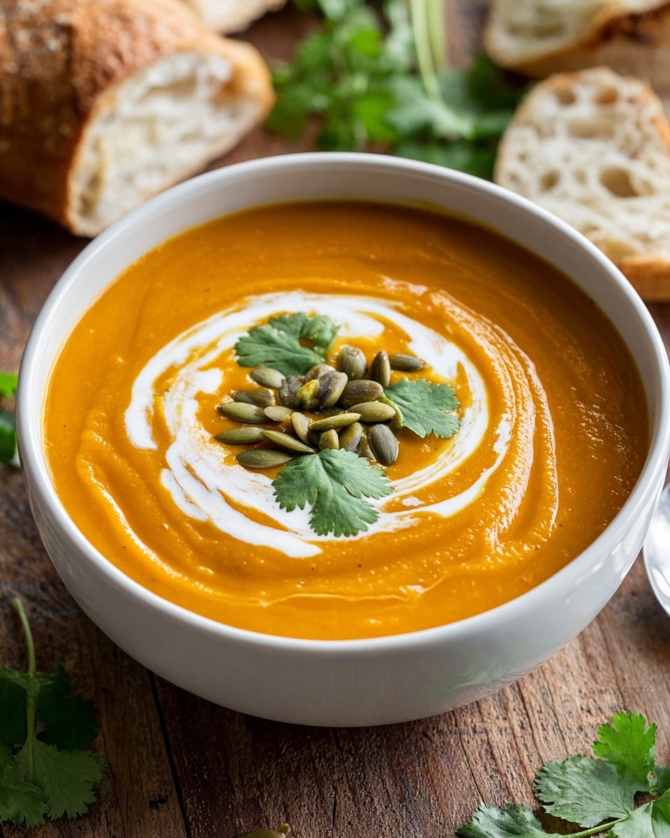 The image shows a white bowl filled with thick, smooth orange soup that has a creamy texture and subtle ripples on the surface. On top of the soup, there is a ring of white cream swirled gently into a spiral, creating a contrast with the orange base. In the center, a small pile of greenish-brown pumpkin seeds rest on the cream, adding a crunchy visual touch. Fresh green cilantro leaves are arranged around the seeds, giving a fresh and vibrant finish. In the background, pieces of crusty, light brown bread with a soft, airy inside are slightly blurred but visible. The scene is set on a rustic wooden surface with hints of cilantro leaves nearby. Photo taken with an iphone --ar 4:5 --v 7