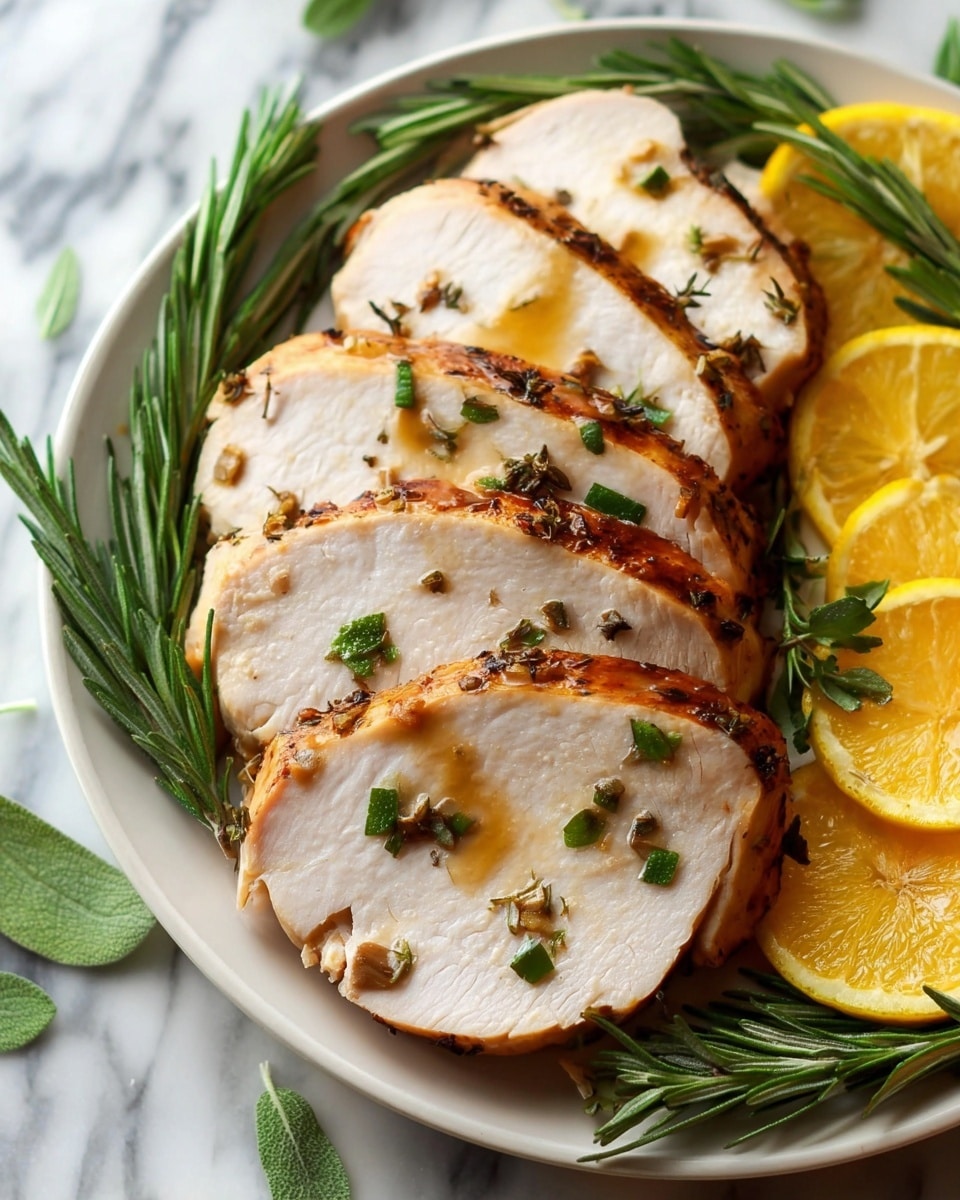 A white plate holds five thick slices of roasted turkey breast arranged in a slight overlapping row. Each slice has a golden brown crust on the edges and is topped with small green herb pieces and a drizzle of light yellow sauce. Fresh green rosemary sprigs are placed around the turkey, along with bright yellow lemon slices around the edges of the plate. The whole setting sits on a white marbled surface. photo taken with an iphone --ar 4:5 --v 7
