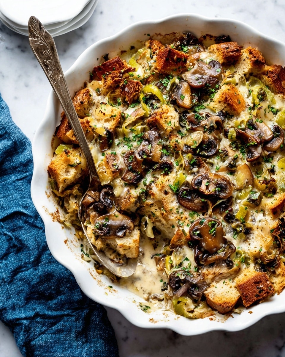 A white scalloped round baking dish shows a multi-layered casserole made of soft, golden-brown toasted bread cubes, creamy sauce, and dark brown sautéed mushrooms mixed with light green cooked leeks, all topped with chopped fresh green herbs. The textures include crispy edges of the bread, creamy sauce pooling lightly around the ingredients, and tender mushroom slices. A tarnished silver spoon is scooping a portion from the right side, resting partly in the dish. The scene is set on a white marbled textured surface with a blue cloth in the background. Photo taken with an iphone --ar 4:5 --v 7