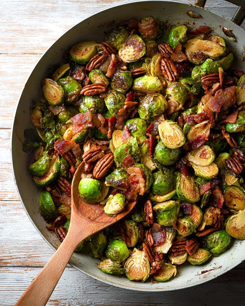 A large white pan filled with roasted Brussels sprouts, pecans, and browned bacon pieces. The Brussels sprouts are cut in half, showing a mix of bright green and lightly charred golden brown outer leaves. The pecans are scattered throughout, showing a shiny, toasted texture with a deep brown color. The bacon pieces have a crispy look with hints of reddish-pink and golden browning. A wooden spoon rests in the pan, lifting some of the mixture. The pan and spoon sit on a rustic wood table replaced by a white marbled texture. photo taken with an iphone --ar 4:5 --v 7