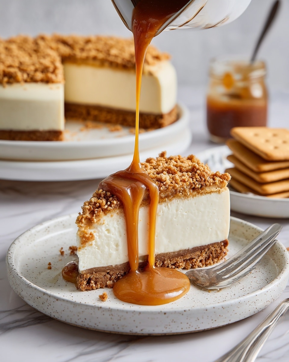 A slice of cheesecake with three layers sits on a white plate with a speckled rim, placed on a white marbled surface. The bottom layer is a crumbly brown crust, the middle layer is a thick, smooth, creamy white cheesecake, and the top layer is a textured, golden-brown nut topping. A glossy caramel sauce is being poured over the slice, dripping down the sides and pooling on the plate. In the background, the rest of the cheesecake, missing the slice, rests on another white plate and a small glass jar filled with caramel sauce is visible, along with some stacked graham crackers. A silver fork lays next to the slice. Photo taken with an iphone --ar 4:5 --v 7