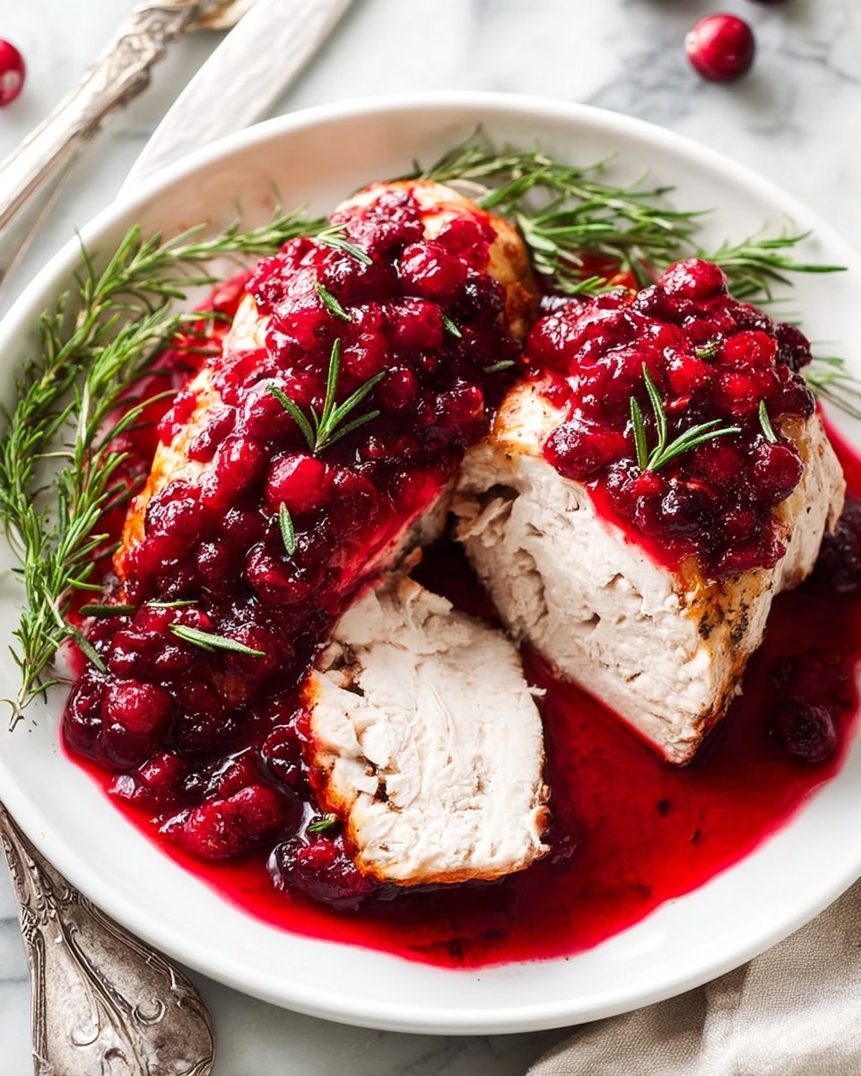 A white round plate holds two large pieces of cooked turkey breast, covered with a thick layer of bright red cranberry sauce topped with small rosemary leaves. One piece is sliced at the front to show the white, tender meat inside, while the rich sauce pools around the base. Fresh green rosemary sprigs are placed on the side of the plate as garnish. The plate rests on a white marbled surface with parts of a silver serving utensil visible nearby. photo taken with an iphone --ar 4:5 --v 7