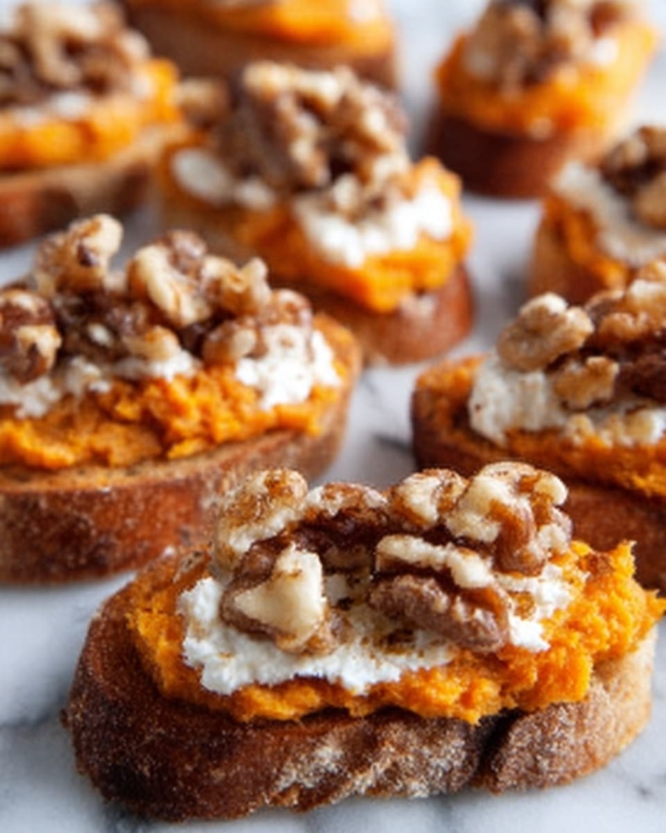 The image shows several small round toasted bread slices as the base layer, with a rough and crunchy texture, each topped with a thick spread of bright orange mashed sweet potato. On top of this is a layer of white creamy cheese, slightly melting into the orange spread. The final layer consists of chopped walnuts scattered unevenly, adding a rough, crunchy texture and dark brown color contrast. The toast pieces are arranged closely on a white marbled surface. Photo taken with an iphone --ar 4:5 --v 7