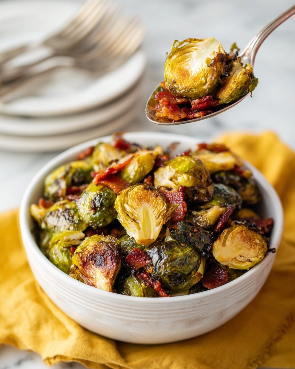 A white bowl filled with roasted Brussels sprouts with a golden-brown crispy texture and green edges, mixed with small pieces of browned bacon that add a rich reddish-brown color. A spoon holds a serving above the bowl, showing tender and caramelized Brussels sprouts alongside crispy bacon bits. The bowl sits on a yellow cloth on a white marbled surface, with a blurred stacked white plate and silver forks in the background. Photo taken with an iphone --ar 4:5 --v 7