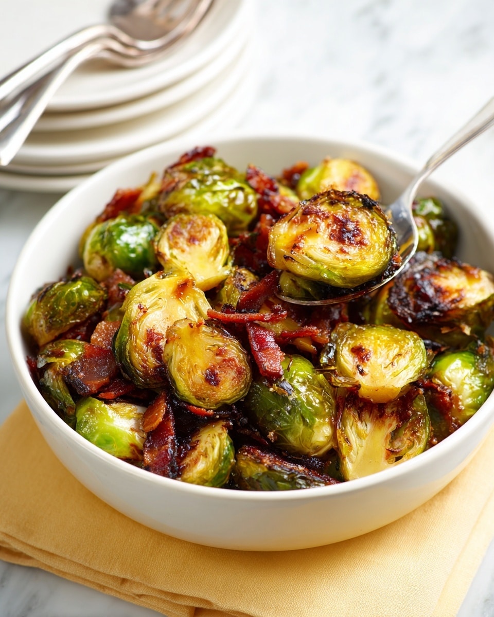 A white bowl filled with roasted Brussels sprouts cut in halves, showing golden-brown, crispy edges with green centers, mixed with small pieces of crispy, dark reddish-brown bacon. A metal spoon lifts a portion of the dish, highlighting the shiny, caramelized texture of the Brussels sprouts and bacon. The bowl sits on a soft yellow cloth over a white marbled surface, with stacked white plates and silver forks blurred in the background. Photo taken with an iphone --ar 4:5 --v 7