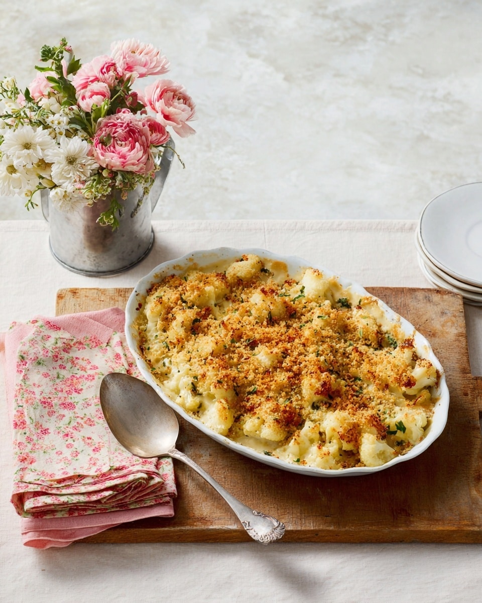 A white oval baking dish filled with golden brown baked cauliflower topped with a crispy, crumbly layer of toasted breadcrumbs and melted cheese, showing a mix of light cream and golden colors. The dish rests on a wooden cutting board placed on a white marbled surface. On the right side of the dish is a silver spoon and folded cloth napkins in pink and floral patterns. To the left, there is a small silver vase holding pink and white flowers with green leaves. Photo taken with an iphone --ar 4:5 --v 7