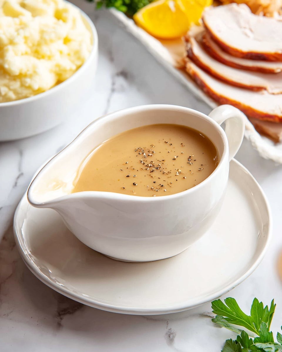A white gravy boat filled with smooth light brown gravy topped with a sprinkle of black pepper, resting on a matching white saucer; in the background to the left, a white bowl with creamy mashed potatoes, to the right, slices of light beige roasted turkey breast on a white rectangular plate with a yellow lemon wedge, all placed on a white marbled surface with a small green parsley leaf visible. photo taken with an iphone --ar 4:5 --v 7