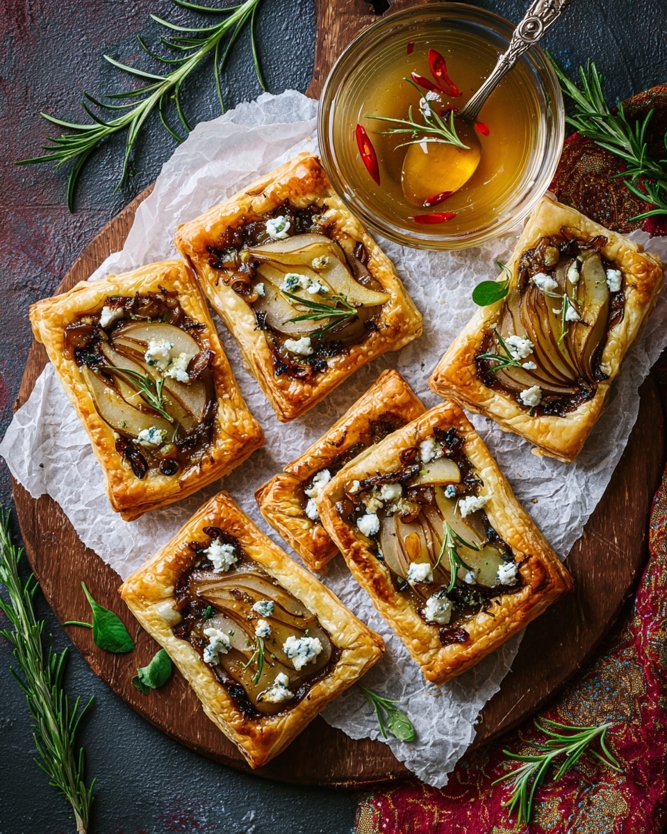 Six rectangular golden-brown puff pastries sit on white parchment paper over a round wooden board, each topped with a dark layer of caramelized onions, thin slices of light brown pears arranged in a fanned shape, and small white crumbles of cheese, garnished with fresh green rosemary sprigs. Above the pastries, a clear glass bowl filled with a light amber honey base with floating slices of red chili and a silver spoon rests on crumpled white parchment. Sprigs of fresh green rosemary lie scattered around the board on a dark textured surface with a red and beige patterned cloth peeking out at the bottom. photo taken with an iphone --ar 4:5 --v 7