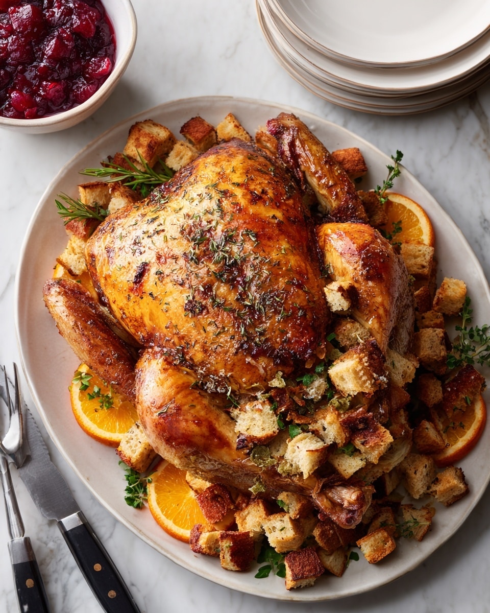 A whole roasted chicken with golden-brown, shiny skin speckled with herbs sits on a large white oval plate. The chicken is stuffed with a mix of small cubed bread stuffing with visible bits of vegetables. Around the chicken on the plate are slices of bright orange and deep red blood orange, along with fresh green herbs. To the left, there is a clear bowl filled with a chunky red cranberry sauce with a silver spoon inside. A carving knife and fork with black handles rest on a white and red striped cloth under the plate, all placed on a white marbled surface next to a small stack of white plates. Photo taken with an iphone --ar 4:5 --v 7