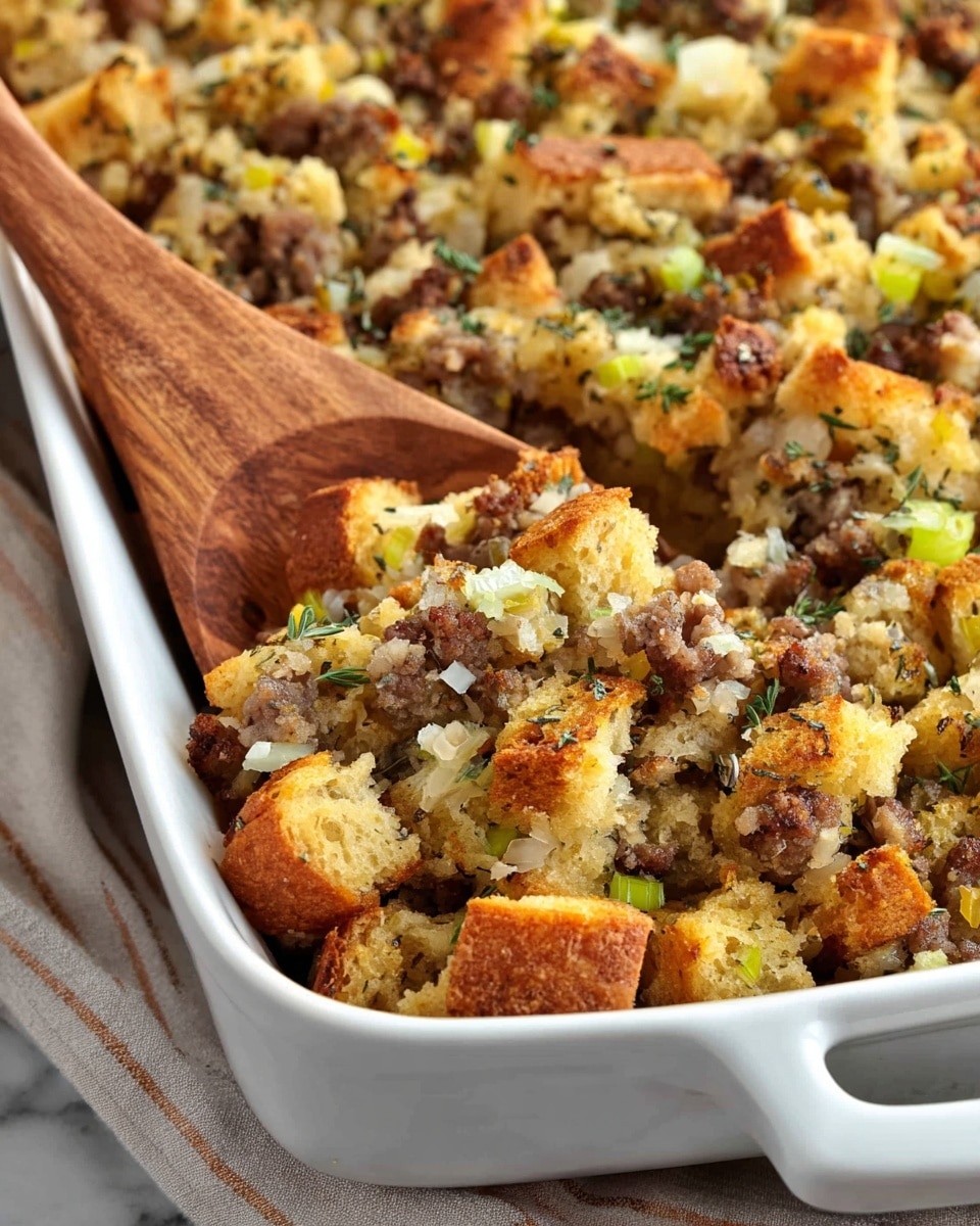 A close-up of a white rectangular baking dish filled with a mixed stuffing casserole. The dish shows a textured top layer of golden-brown toasted bread cubes, scattered with bits of ground sausage and green celery pieces. The stuffing appears moist, with visible flecks of herbs and small chunks of onions, giving it a slightly crumbly but soft look. A wooden spoon scoops some stuffing, highlighting the mix of light tan bread, darker browned sausage, and green vegetable pieces. The dish rests on a white marbled surface with a soft neutral cloth partially visible underneath. Photo taken with an iphone --ar 4:5 --v 7