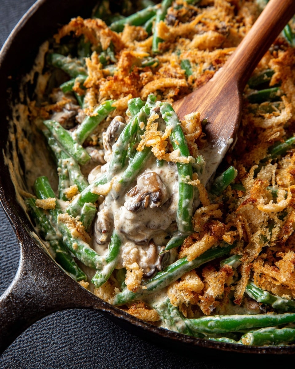 In a close-up view of a white cast iron pan filled with green bean casserole, the dish consists of three main layers: bright green, slightly glossy green beans woven throughout the dish, a thick creamy pale beige sauce with small chunks of mushrooms that coat the beans, and a crispy golden brown breadcrumb topping scattered unevenly across the surface, some pieces larger and darker. A wooden spatula is partly submerged on the right side, lifting a scoop of the creamy green bean mixture. The pan sits on a dark textured surface and the overall look is rich and comforting. photo taken with an iphone --ar 4:5 --v 7