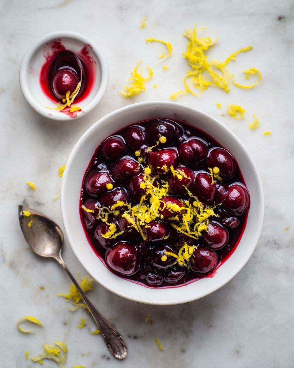 A white bowl filled with a deep red cherry sauce containing whole cherries and small seeds, topped with thin, bright yellow lemon zest strips scattered on the surface. Next to the bowl is a small white bowl with a silver spoon resting inside, showing some red sauce on the spoon. The setup is placed on a white marbled textured surface with a few lemon zest pieces scattered around. photo taken with an iphone --ar 4:5 --v 7