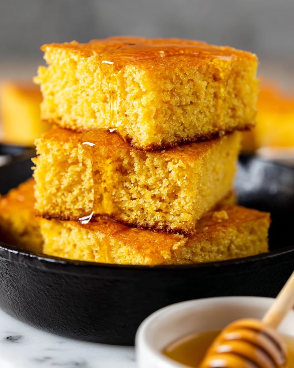 A close-up of three stacked pieces of warm yellow cornbread with a soft, moist texture and a slight golden crust on the edges, sitting in a black cast iron skillet; the top piece drizzled with shiny honey that slowly drips down the sides, adding a sticky glaze and richness to the surface; in the blurred foreground, a white bowl with golden honey and a honey dipper is partially visible, all placed on a white marbled textured surface. photo taken with an iphone --ar 4:5 --v 7