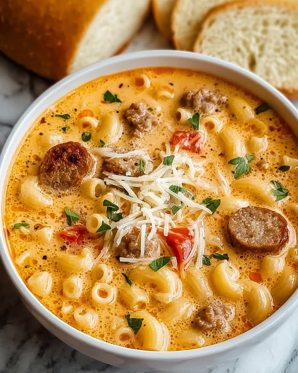 A white bowl filled with creamy macaroni soup, showing small elbow pasta in a thick, light orange broth. Inside the soup are pieces of browned sausage rounds and crumbled ground meat scattered throughout, along with small red tomato chunks. On top, there is a sprinkle of shredded white cheese and green herb leaves, adding contrast to the dish. In the background, slices of light brown bread rest on a white marbled surface. photo taken with an iphone --ar 4:5 --v 7