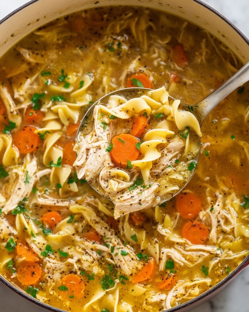 A close-up view of a pot filled with homemade chicken noodle soup showing three main layers: the base layer of clear golden broth with specks of black pepper and herbs, the middle layer of shredded light brown cooked chicken pieces mixed throughout, and the top layer of bright orange carrot slices and pale yellow twisted egg noodles scattered evenly, all garnished with small bright green parsley leaves. A large silver spoon is lifting a portion of the soup, highlighting the combination of ingredients with the noodles curled and glossy, chicken strands soft, and carrots vibrant against the broth. The pot is resting on a white marbled texture. Photo taken with an iphone --ar 4:5 --v 7