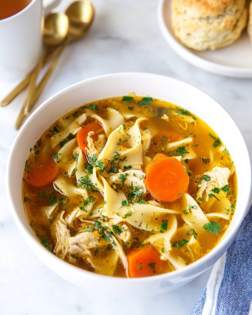 A white bowl filled with clear chicken noodle soup sits on a white marbled surface. The soup has three main layers: a golden broth with a slight oily sheen, wide flat egg noodles folded and floating throughout, and thick slices of bright orange carrot visible among pieces of white chicken. Chopped green herbs are sprinkled on top, adding a fresh touch. In the background, a partial view of a white plate with a biscuit and part of a cup of soup is seen, along with two golden spoons on a blue and white striped cloth. photo taken with an iphone --ar 4:5 --v 7