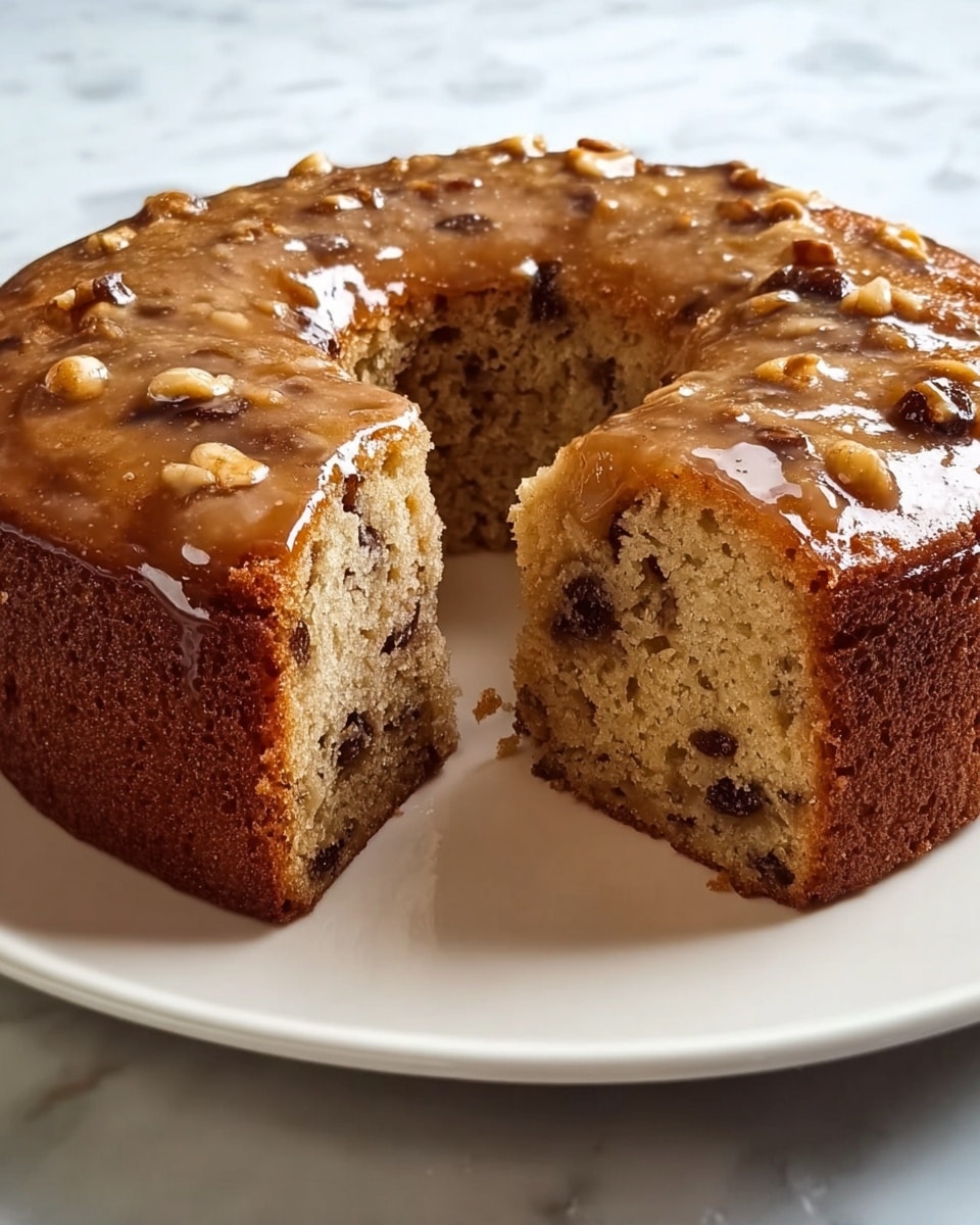 A round cake with a golden brown crust on the outside and an even, light beige inside filled with dark brown dried fruit pieces throughout. The top layer is shiny with a clear glaze and scattered light brown nuts. One thick slice is cut out, showing the cake's moist and dense texture. The cake sits on a white plate, placed on a white marbled surface. photo taken with an iphone --ar 4:5 --v 7