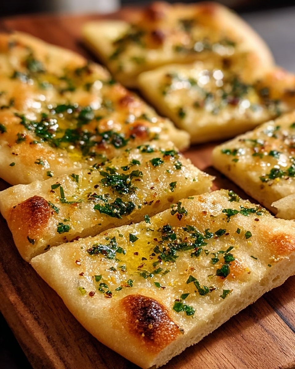 The image shows a flatbread cut into rectangular pieces placed closely on a wooden board. The flatbread has a golden-brown crust with some darker toasted spots. On top, there's a layer of melted butter or oil, which makes the surface shiny and glossy, scattered with finely chopped green herbs and small bits of black pepper or seasoning. The flatbread looks soft with slight puffiness and has a light, airy texture with some bubbling on the edges. Photo taken with an iphone --ar 4:5 --v 7