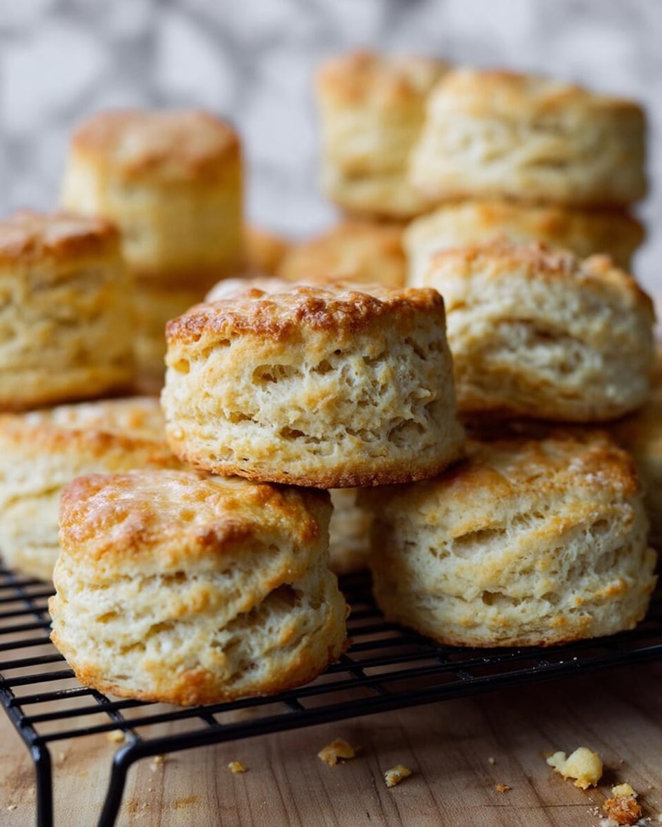 The image shows several light golden-brown biscuits arranged on a black cooling rack and wooden surface with some crumbs scattered around. Each biscuit has two distinct layers, with a rough, bumpy texture on the sides and a slightly crisp top that is more golden in color. The biscuits look soft and fluffy inside, with uneven edges and a natural, homemade appearance. The background is a white marbled texture that adds softness to the overall warm color of the biscuits. Photo taken with an iphone --ar 4:5 --v 7