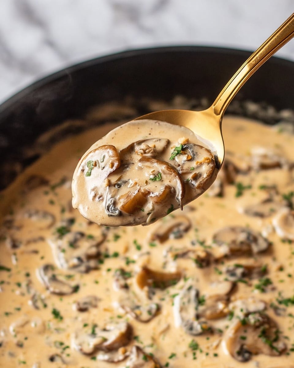 A close-up of creamy mushroom sauce with visible thin brown mushroom slices mixed in a smooth light beige sauce, garnished with small green herb bits. The sauce is lifted on a shiny gold spoon above a black pan filled with the same sauce, which has a slightly glossy texture and gentle steam rising. The background is a white marbled texture. photo taken with an iphone --ar 4:5 --v 7