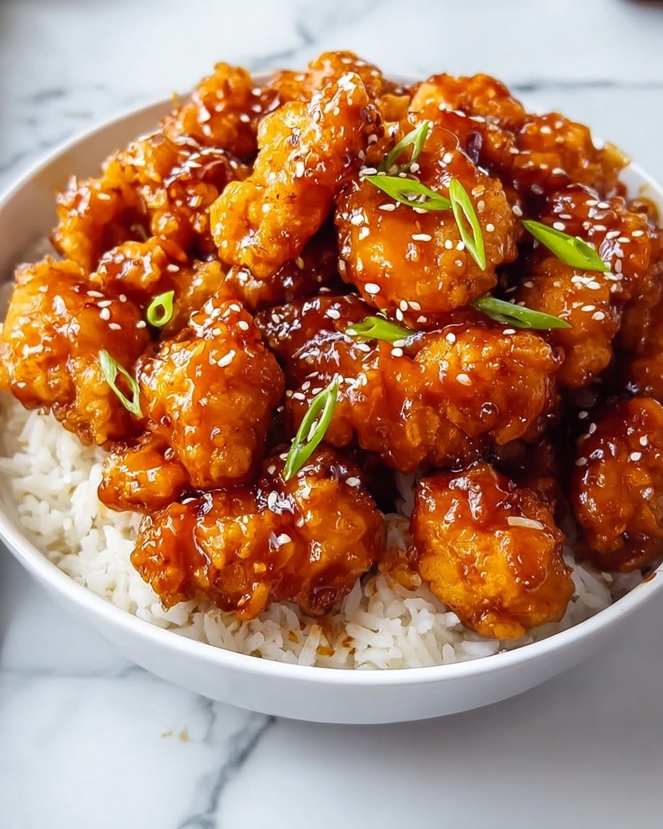 A white bowl filled with a base layer of fluffy white rice, topped with a thick layer of golden-brown fried chicken pieces covered in a shiny, rich amber-colored sauce with a sticky texture. The chicken is sprinkled with small white sesame seeds and a few small green onion slices scattered around, adding a fresh green touch. The bowl is placed on a white marbled surface, with a glimpse of another bowl containing red and orange ingredients in the top right corner. Photo taken with an iphone --ar 4:5 --v 7
