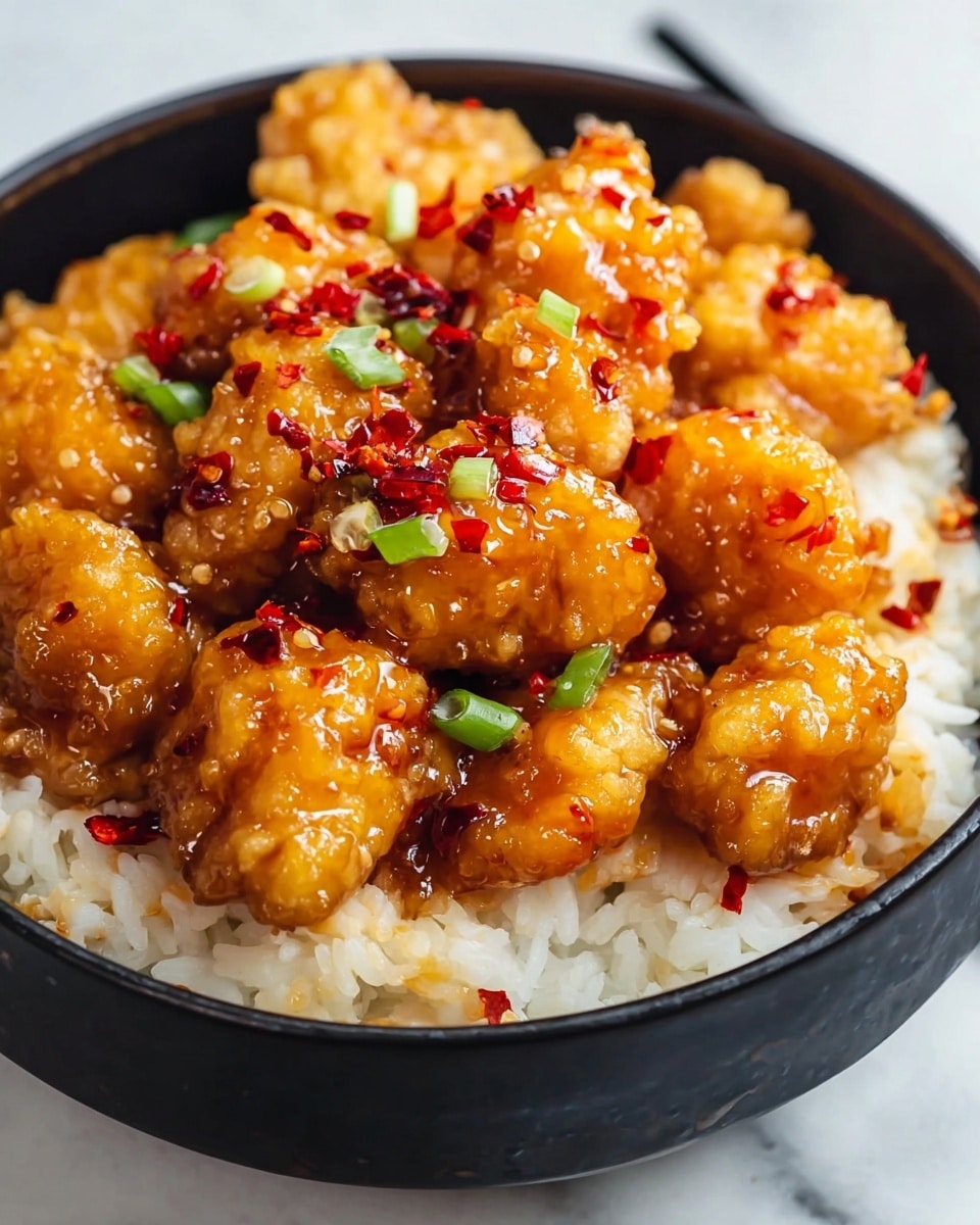 A close-up view of a black bowl filled with two layers: a bottom layer of fluffy white rice with a soft texture and a top layer of bite-sized golden-brown crispy chicken pieces coated in a shiny, thick orange glaze. The chicken is garnished with small pieces of red chili flakes and finely chopped green onion bits, adding pops of red and green color. The bowl sits on a white marbled surface, and in the background, there is a blurred small bowl with dark sauce and a pair of chopsticks. photo taken with an iphone --ar 4:5 --v 7