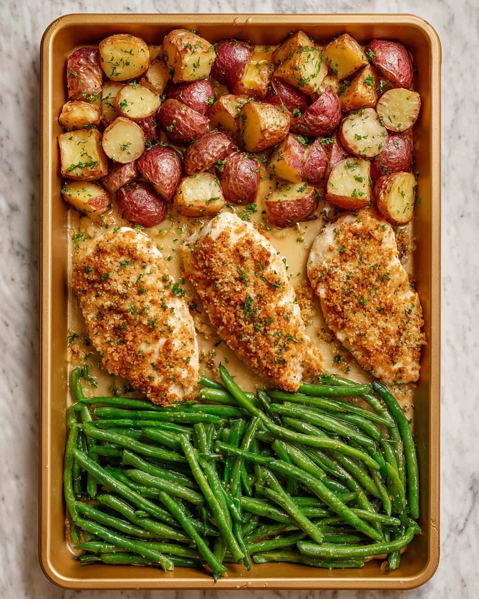 A white plate on a white marbled surface holds a meal with three main parts: on the left is a golden-brown baked chicken breast with a crispy, crumbly texture and small green herb bits on top; on the right, there are roasted red potato pieces with a mix of golden and reddish colors, sprinkled with green herbs; below the chicken and potatoes, there is a layer of bright green steamed green beans with a slightly shiny surface. A silver knife and fork rest on the right edge of the plate, and part of another white plate with the same meal can be seen at the top left. Nearby, there is a clear glass of water and a small bunch of fresh green herbs on the white marbled surface. photo taken with an iphone --ar 4:5 --v 7