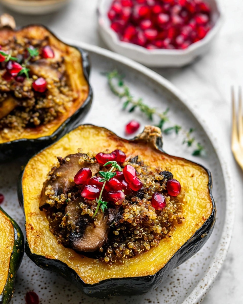 The image shows two halves of roasted acorn squash placed on a white plate with a subtle speckled pattern. Each squash half has a dark green and slightly glossy outer skin and a bright yellow-orange roasted flesh. The cavity of each squash is filled with a textured mixture of cooked quinoa and sautéed mushrooms, both in light brown tones with some hints of darker mushroom pieces. Scattered on top are shiny, bright red pomegranate seeds and small green sprigs of fresh herbs, adding spots of vibrant color. In the background, there is a white marbled surface with a white bowl filled with more bright red pomegranate seeds, slightly out of focus. Photo taken with an iphone --ar 4:5 --v 7