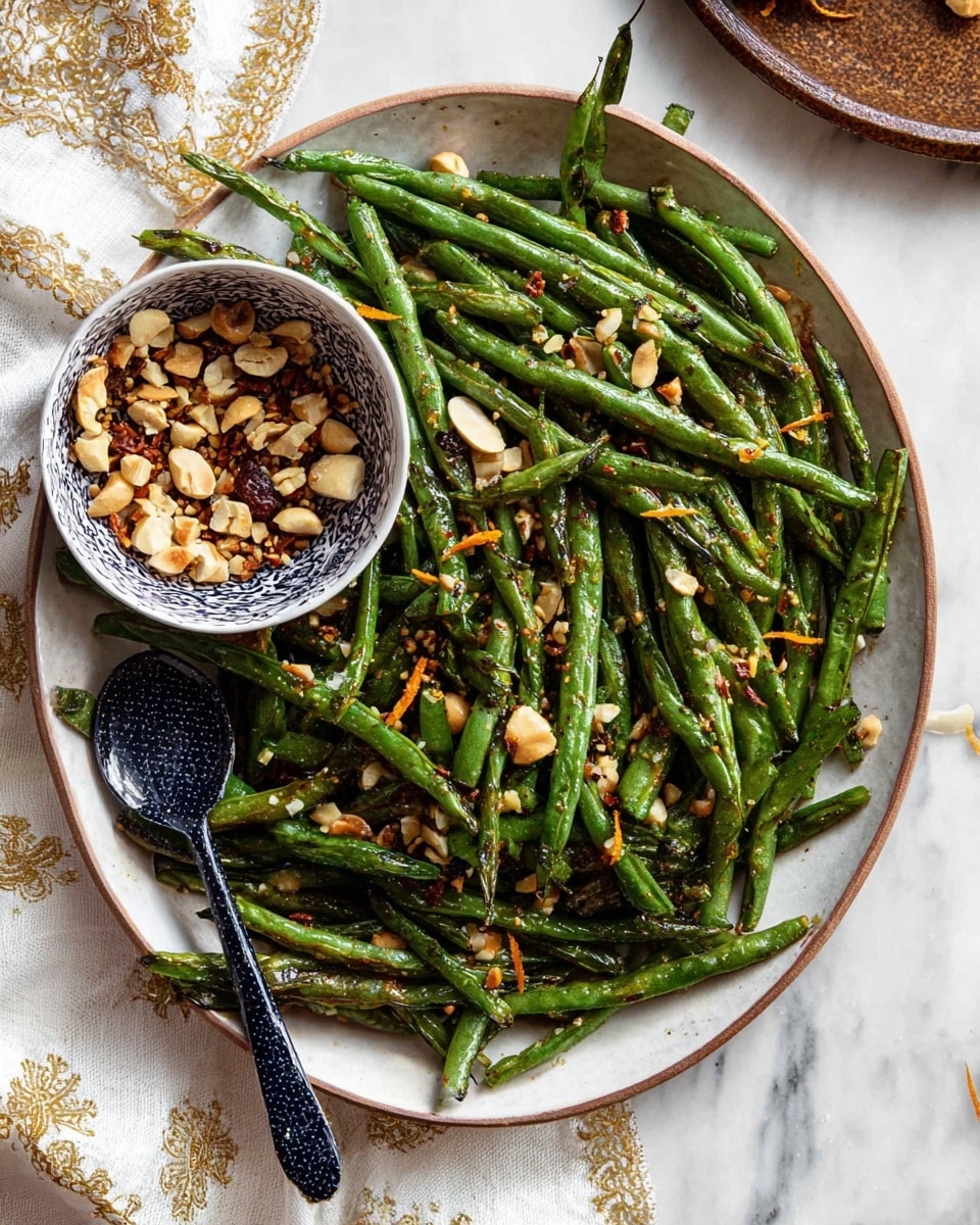 A round white plate is filled with vibrant green roasted green beans, some showing slight char marks for a textured look. Scattered over the beans are small pieces of chopped nuts, mostly light brown with some darker edges, and thin strips of orange zest adding color contrast. On the same plate, near the upper left side, sits a smaller white bowl holding more chopped nuts mixed with seeds and spices. A spoon with a dark blue patterned handle rests inside the bowl, surrounded by the nut mixture. The plate is set on a white marbled surface with a white cloth featuring delicate gold trim in the lower left corner. photo taken with an iphone --ar 4:5 --v 7