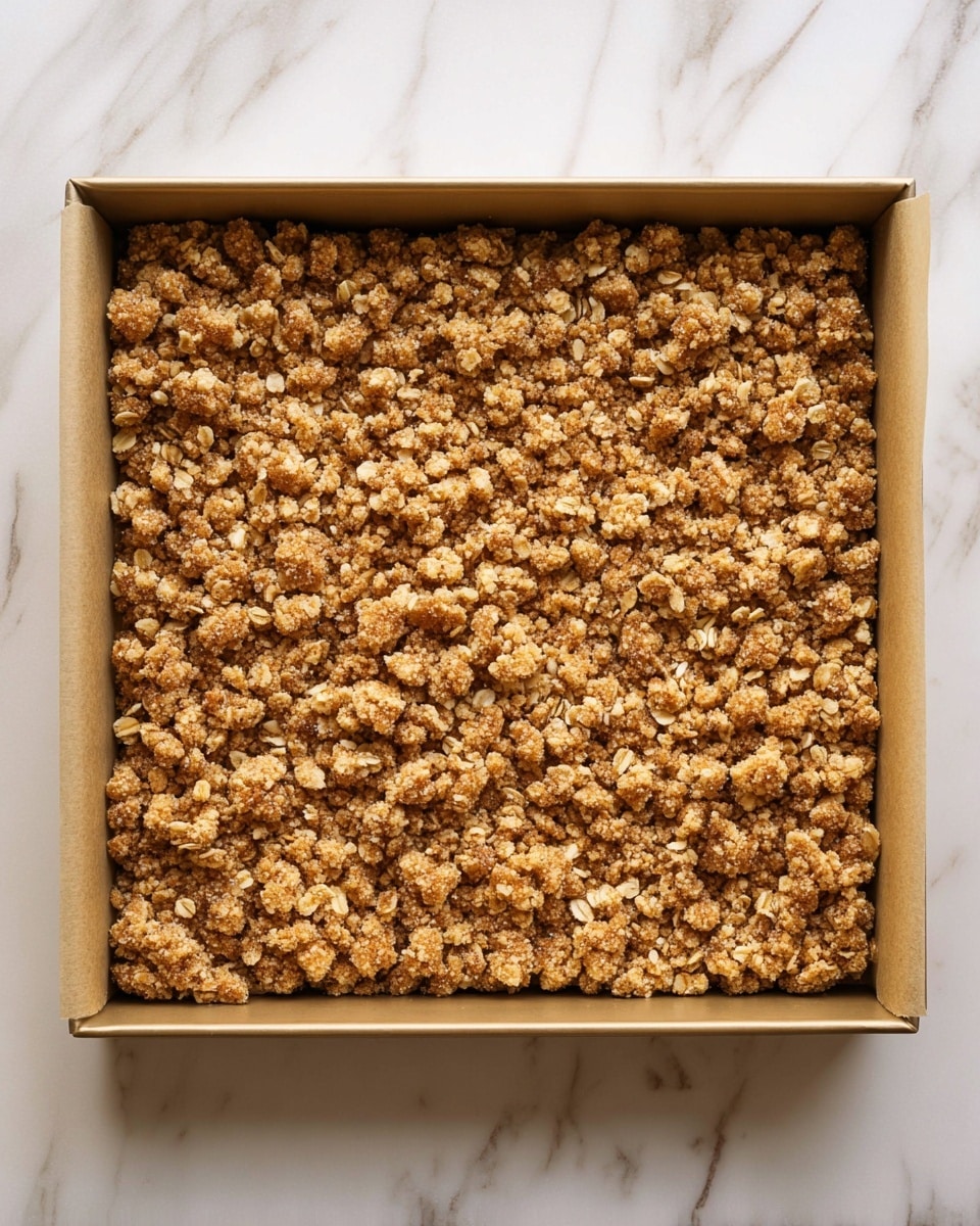 A square baking pan lined with parchment paper holds a single thick layer of crumbly streusel topping made up of unevenly sized clusters in light to medium golden brown shades with visible oat flakes scattered throughout. The pan sits on a white marbled surface, with the crumb mixture covering the entire base, showing a mix of coarse and fine textures that look crunchy and crumbly. No other layers or ingredients are visible beneath the streusel topping. Photo taken with an iphone --ar 4:5 --v 7