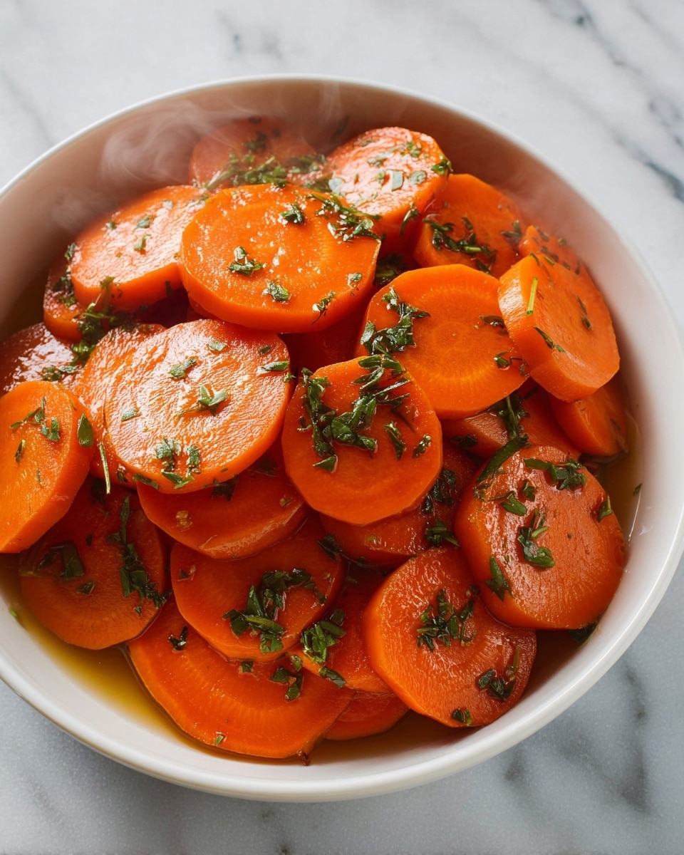 A white bowl filled with several thick slices of cooked carrots, each slice showing a bright orange color with a shiny, slightly glazed surface. The carrot slices are evenly coated with small pieces of fresh green herbs scattered on top and between the layers. Steam rises gently from the bowl, indicating warmth. The bowl sits on a white marbled surface. photo taken with an iphone --ar 4:5 --v 7