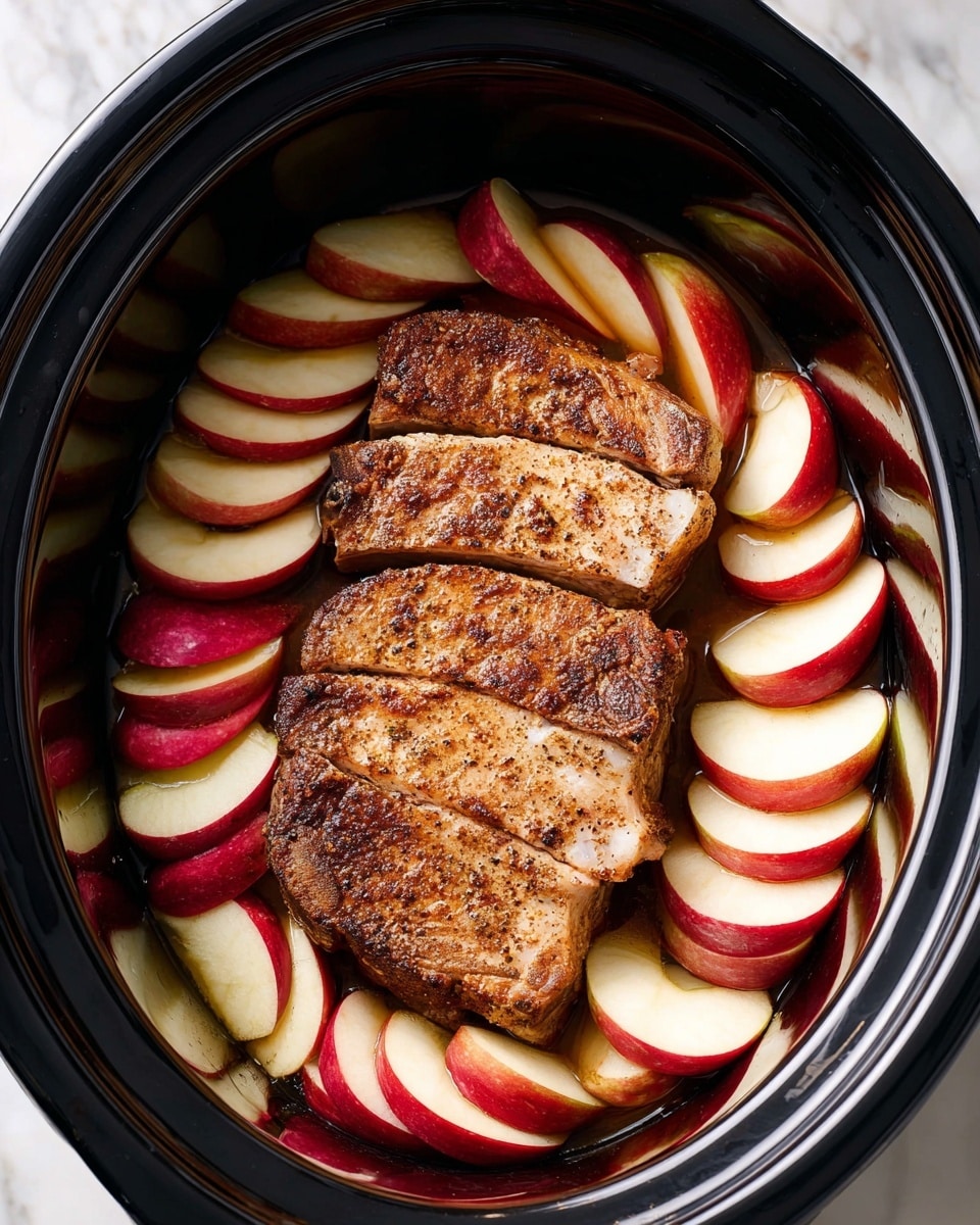 In a black slow cooker, there are three thick browned pork chops stacked in the center. Around the pork chops, thinly sliced red apple pieces with white inside are arranged neatly, forming a ring inside the cooker. The pork chops have a crispy, golden-brown crust with visible grill marks and a slightly rough texture. The apple slices are fresh and smooth with red skin and creamy white flesh. The inside of the cooker is shiny black, reflecting the colors of the food. The photo is taken from above on a white marbled surface. photo taken with an iphone --ar 4:5 --v 7
