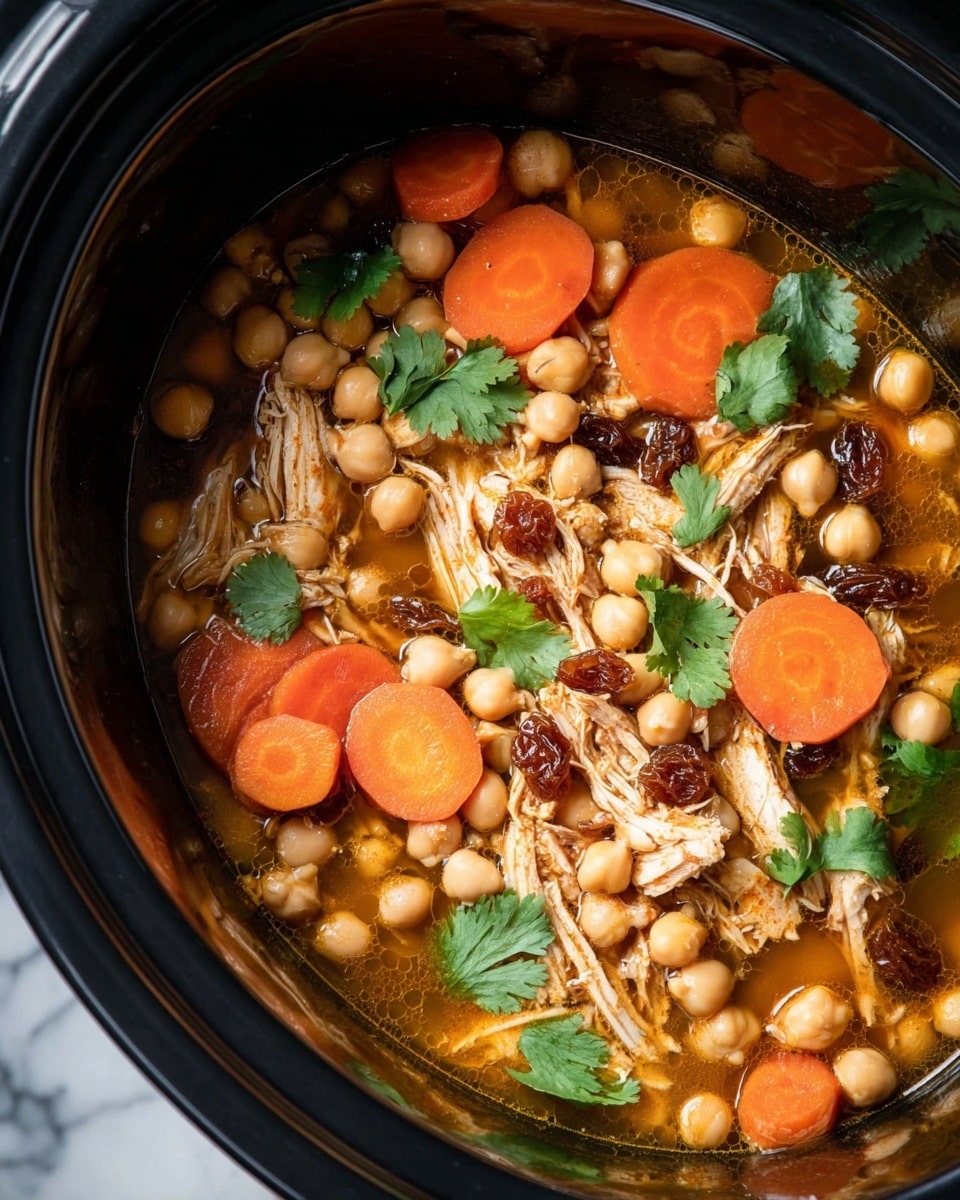 The image shows a close-up of a slow cooker filled with a stew-like dish featuring several layers. The bottom layer is a golden-brown clear broth. Floating on the broth is a layer of shredded light brown chicken pieces. Scattered on top of the chicken and throughout the broth are round, beige chickpeas. Bright orange carrot slices are spread across the surface, adding pops of color. Dark brown raisins are mixed evenly through the dish, creating contrast with the lighter ingredients. Fresh green cilantro leaves rest on top, added last as garnish. The slow cooker bowl is black on the outside, sitting on a white marbled surface. photo taken with an iphone --ar 4:5 --v 7