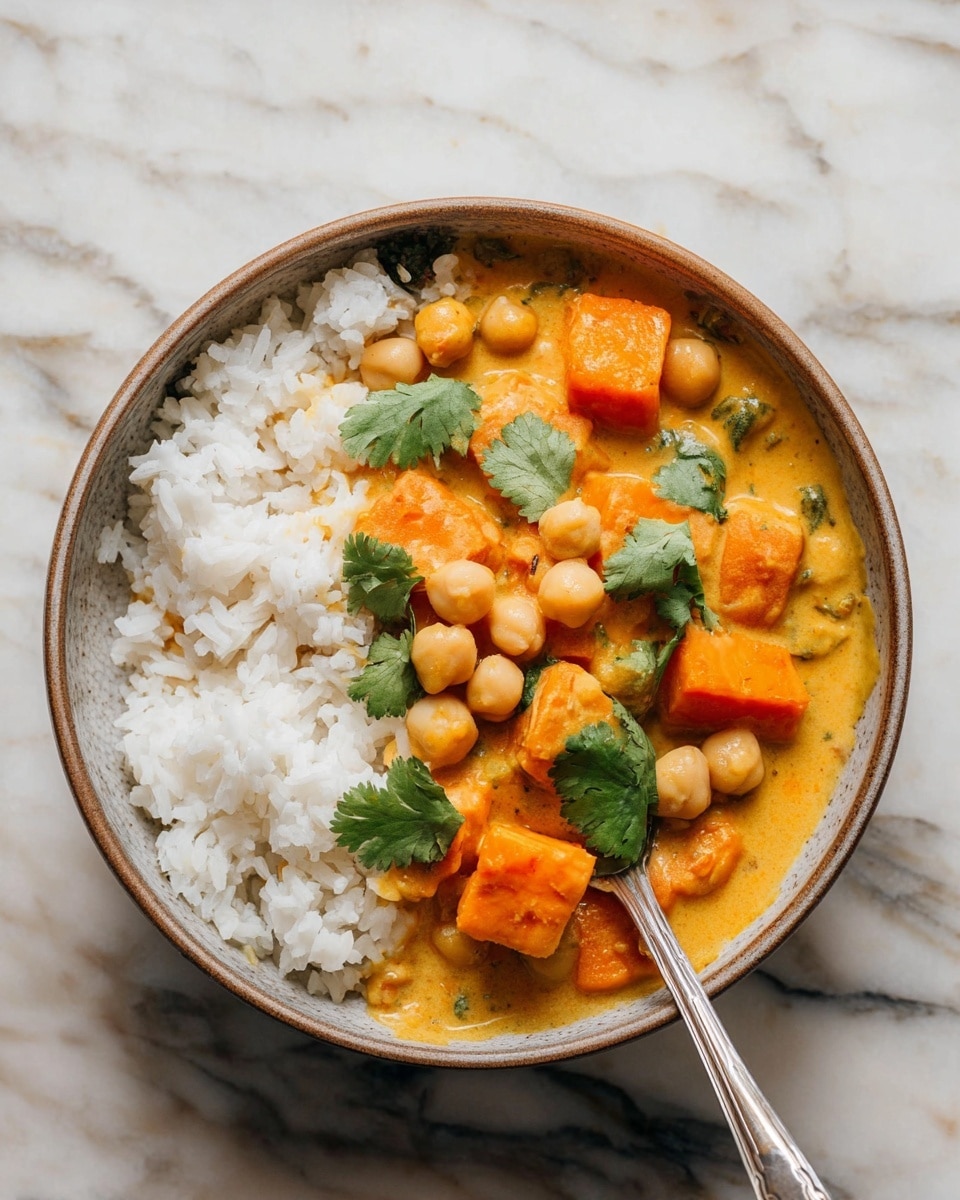 A round bowl filled with white rice on the left side and a creamy orange curry on the right side. The curry has chickpeas and large cubes of soft, bright orange sweet potatoes mixed in, with a few fresh green cilantro leaves scattered on top. A silver spoon rests in the bowl on the right side. The bowl sits on a white marbled surface. photo taken with an iphone --ar 4:5 --v 7